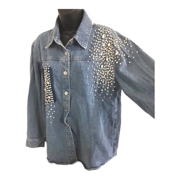 Beautiful denim crystal rhinestones studded‎ button down shirt size medium new - Picture 4 of 16
